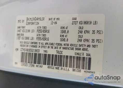 2005 Dodge Dakota Slt from USA, damaged, VIN 1D7HE48K85S219033